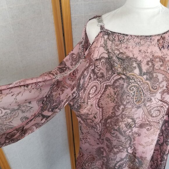 Mascara Paris 100% Silk Caftan Blouse One Size Pink Paisley Cold Shoulder - Picture 4 of 16